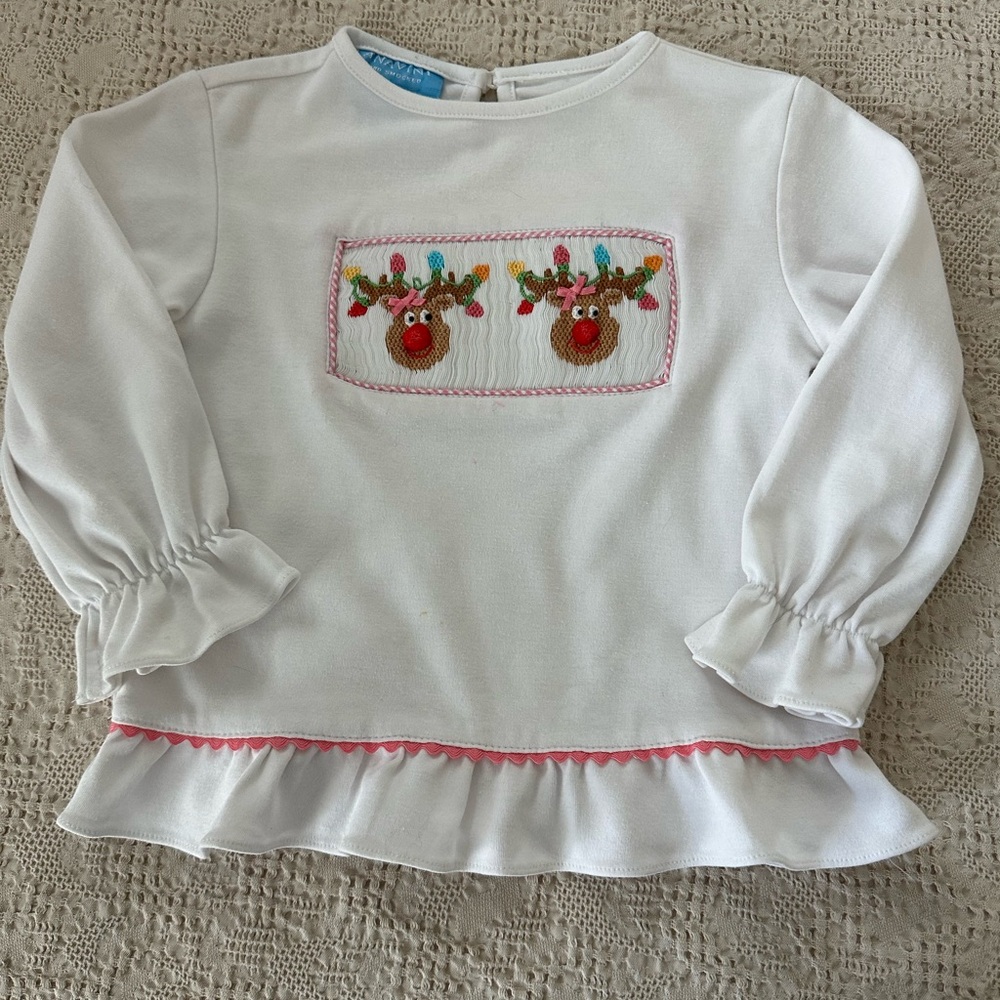Girls White Long-Sleeve Ruffle Hem Top with Reindeer Smocked Panel